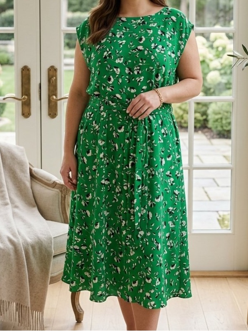 Lauren Ralph Lauren Dress Green White Floral Tie-Belt Midi Cap Sleeves lined 16